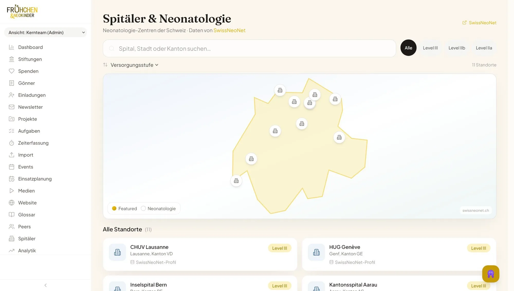 Hospital finder with a map of Switzerland