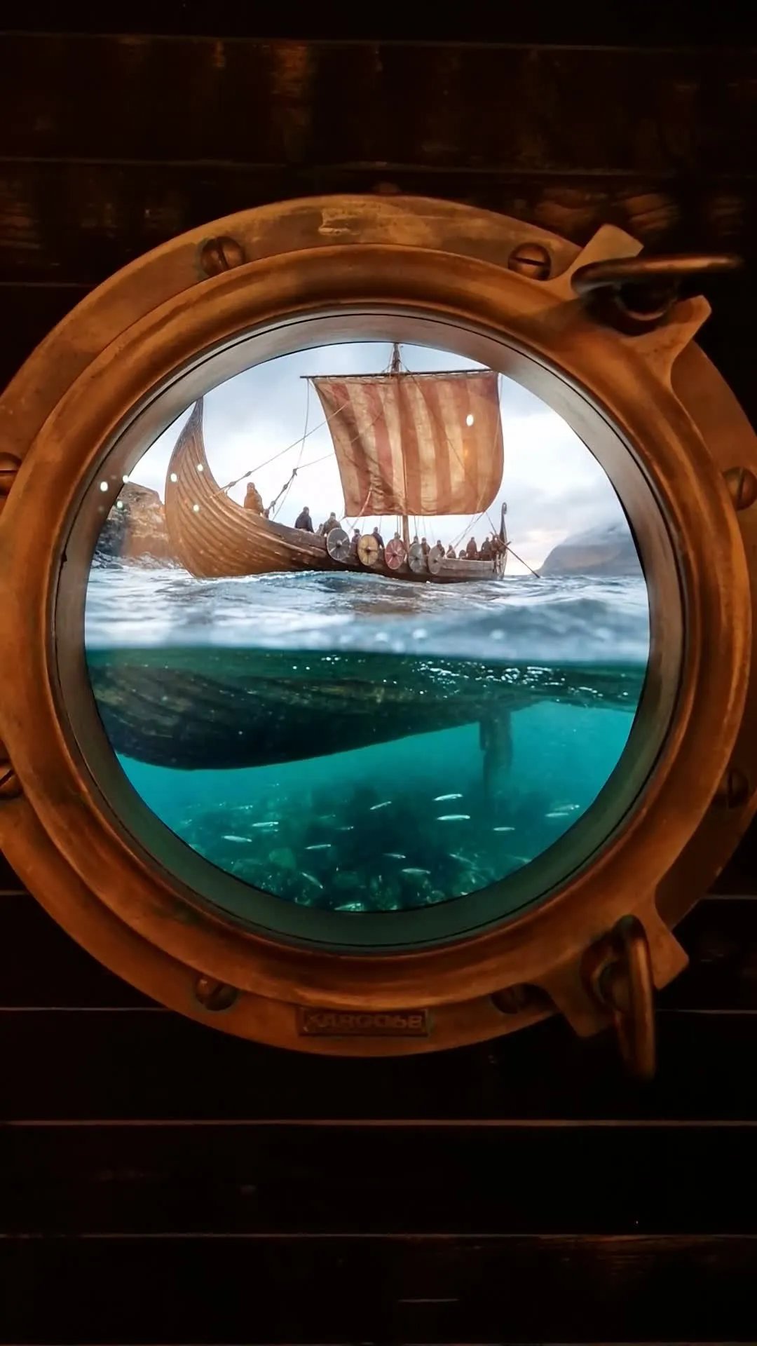 A porthole showing the Viking ship